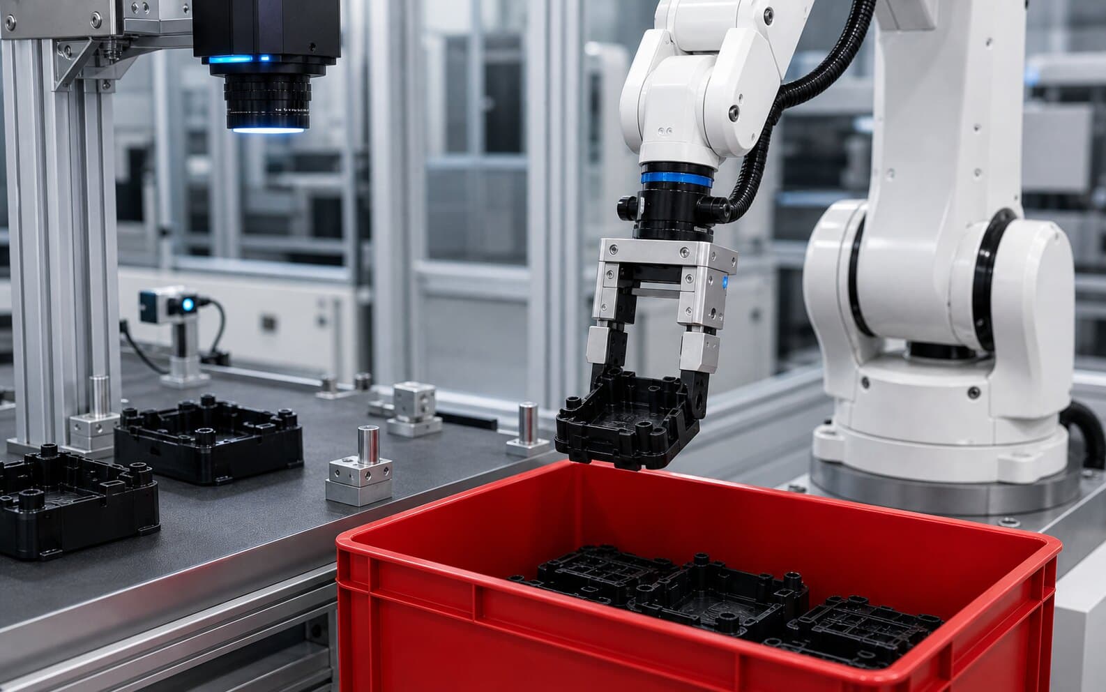 ロボットが不良品を赤箱へ仕分ける工程