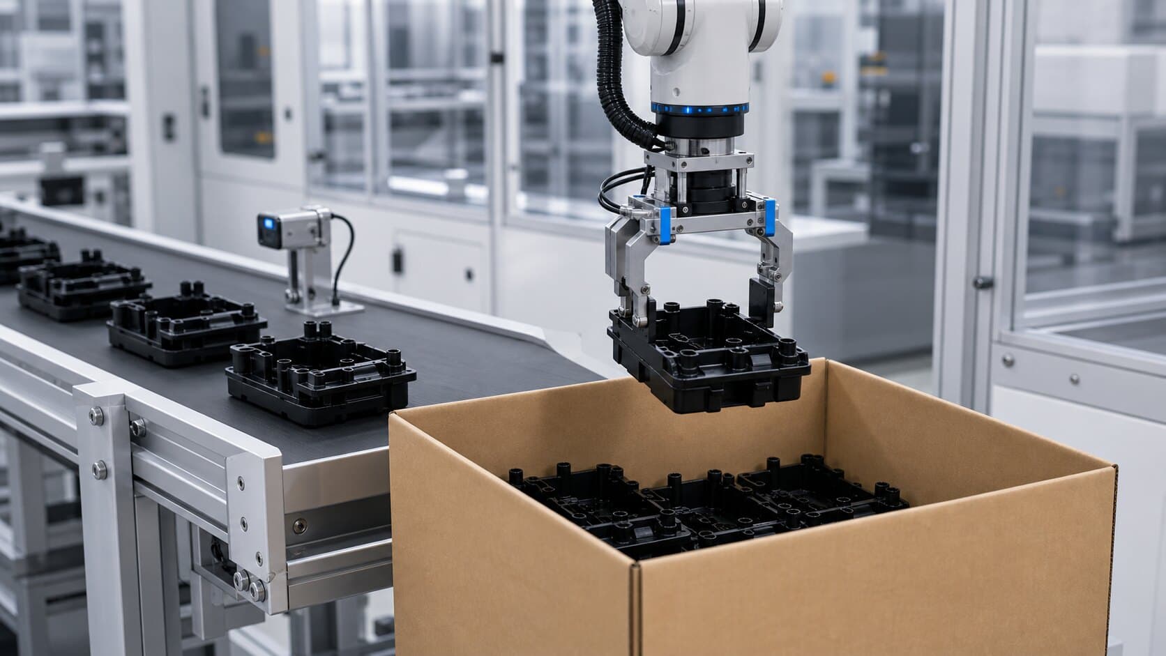 ロボットが良品を段ボールへ箱詰めする工程