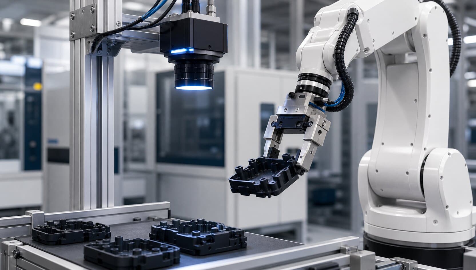 ロボットが把持した生成品をカメラで良品チェックする工程