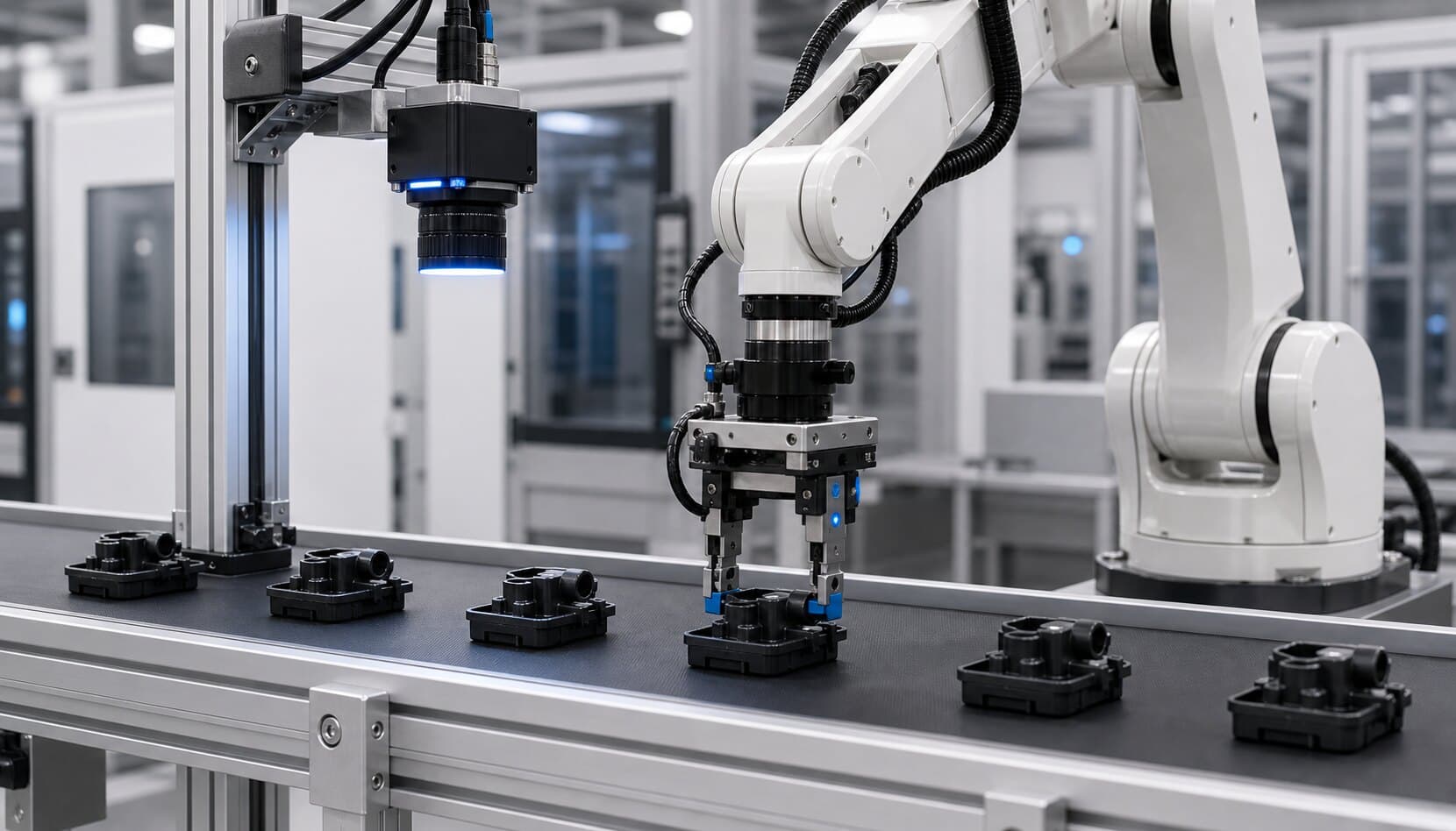 停止中のベルトコンベア上にある生成品をロボットが把持する工程